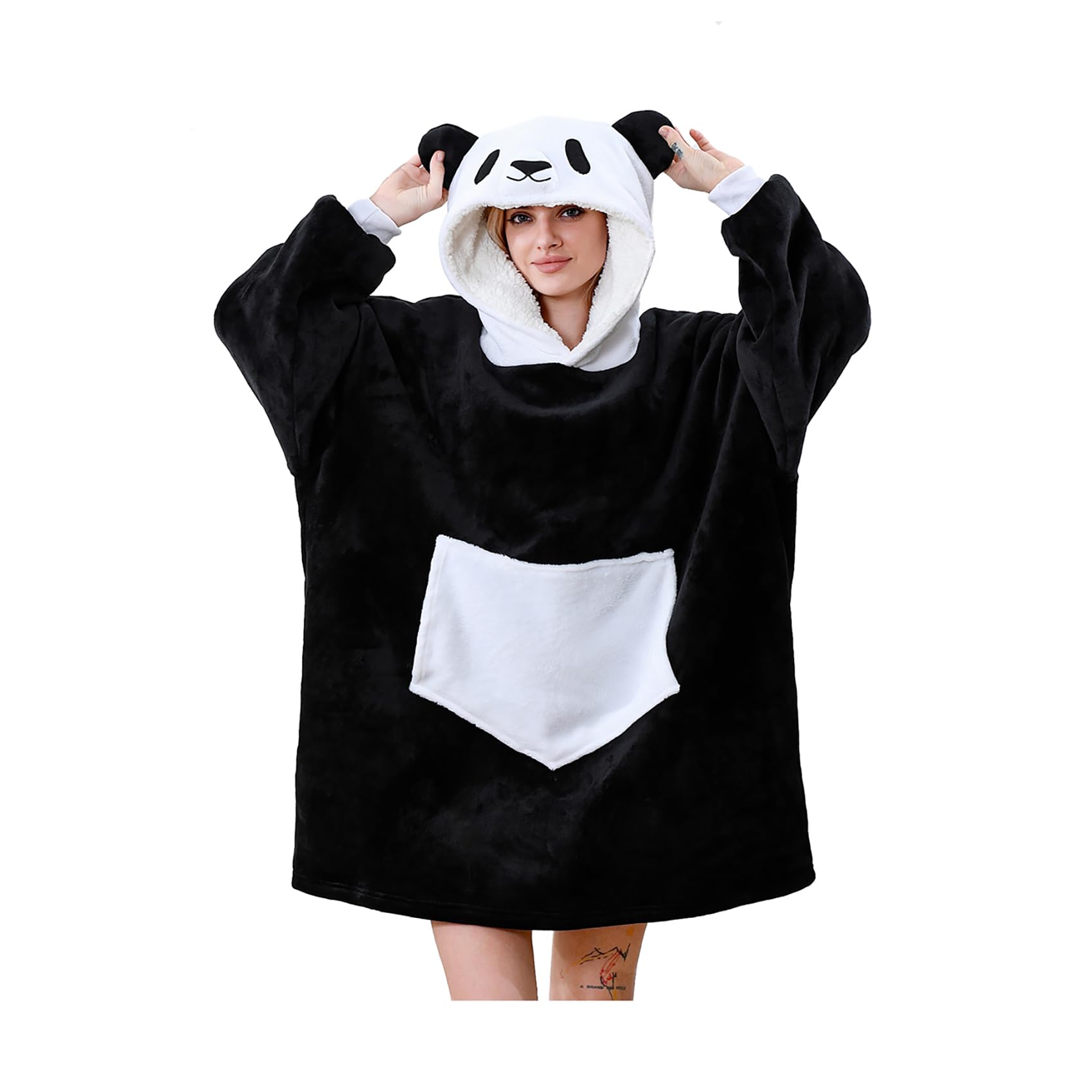 C hello cloud Oversized Hoodie Blanket, Wearable Blanket sweatshirt, Ultra Soft Sherpa Fleece Comfy Snuggle Hoodie, Comfy Snuggle Pullover for Women Men, Black White Panda