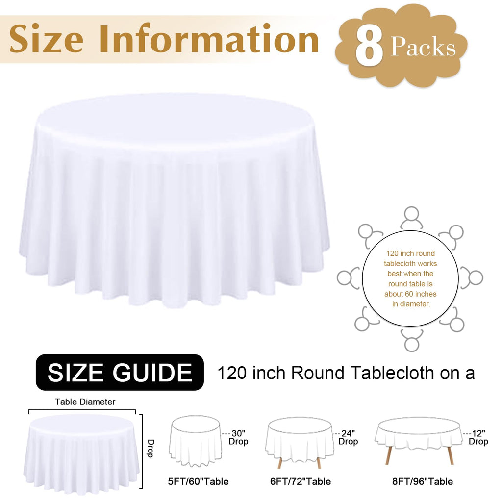 Mclisle 8 Pack White Round Tablecloth 120 Inch Table Cloths for Round Tables, Wrinkle Resistant Washable Decorative Polyester Table Cover for Wedding Party Dining Banquet