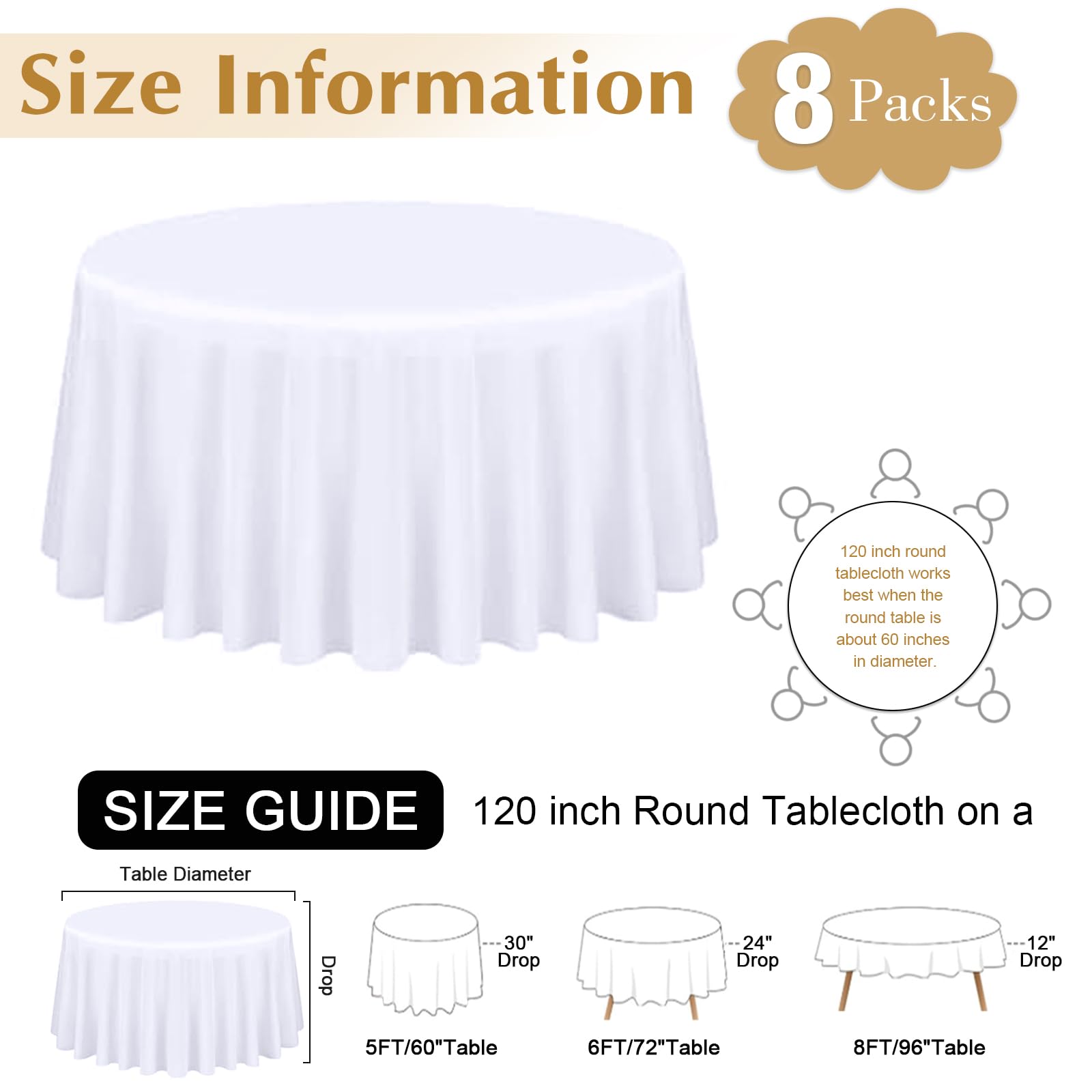 Mclisle 8 Pack White Round Tablecloth 120 Inch Table Cloths for Round Tables, Wrinkle Resistant Washable Decorative Polyester Table Cover for Wedding Party Dining Banquet