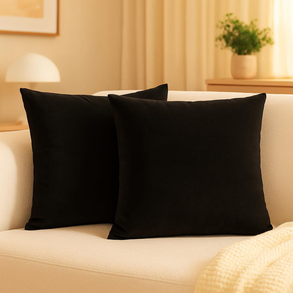 Set of 2 Black Velvet Throw Pillow Covers 18 x 18 Inch - Soft Decorative Cushion Covers for Sofa, Couch, Bed - Square Pillowcases with Hidden Zipper