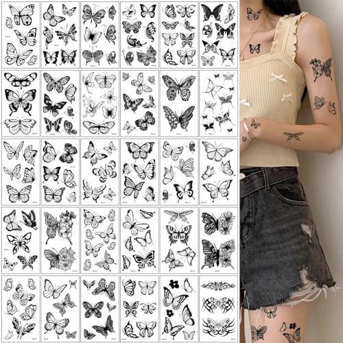 Black Butterfly Flower Temporary Tattoos 30 Sheets 3D Waterproof Body Art