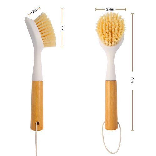 Cooptop 3 Pack Dish Brush Set with Bamboo Handle, Dish Scrubber Built-in Scraper, Kitchen Scrub Brush for Cleaning Cast Iron Cookware, Pans, Pots, Counter & Kitchen Sink (White)