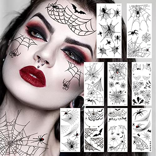 Furimuk 9 Sheets Halloween 3D Spider Web Temporary Tattoos Face Makeup