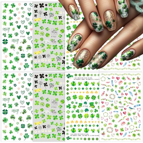 St. Patrick's Day 3D Nail Art Stickers - 8 Sheets Shamrock Green Clover Decals