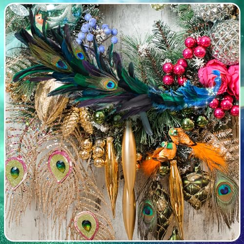 Peacock Christmas Tree Ornaments 4 Pack Long Feather Bird Decorations Glitter Clip-Ons