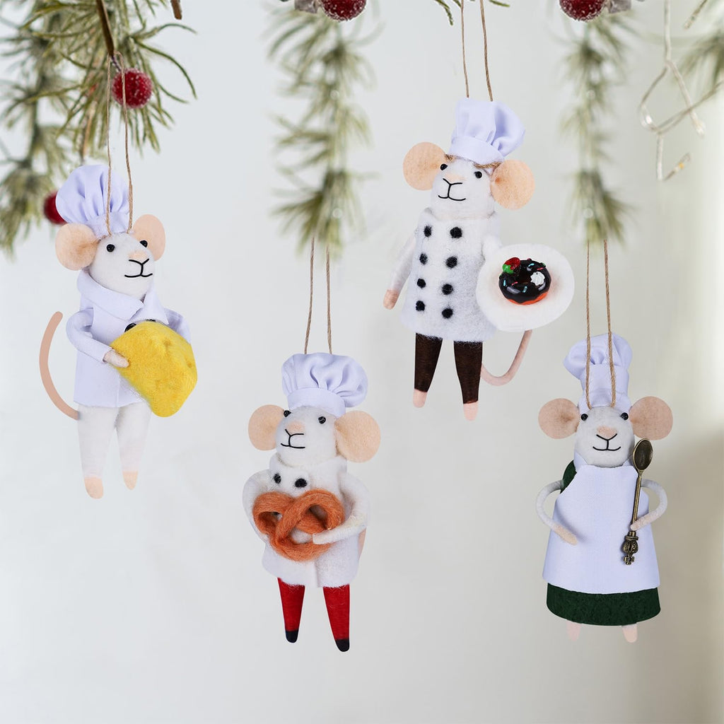 Watereem Set of 4 Christmas Felt Mouse Ornaments, 5.5" Mini Chef & Waiter Mice for Christmas Tree Wreath Hanging, Wool Xmas Tabletop Decor, Animal Crafts for Holiday Easter Gifts Party Supply