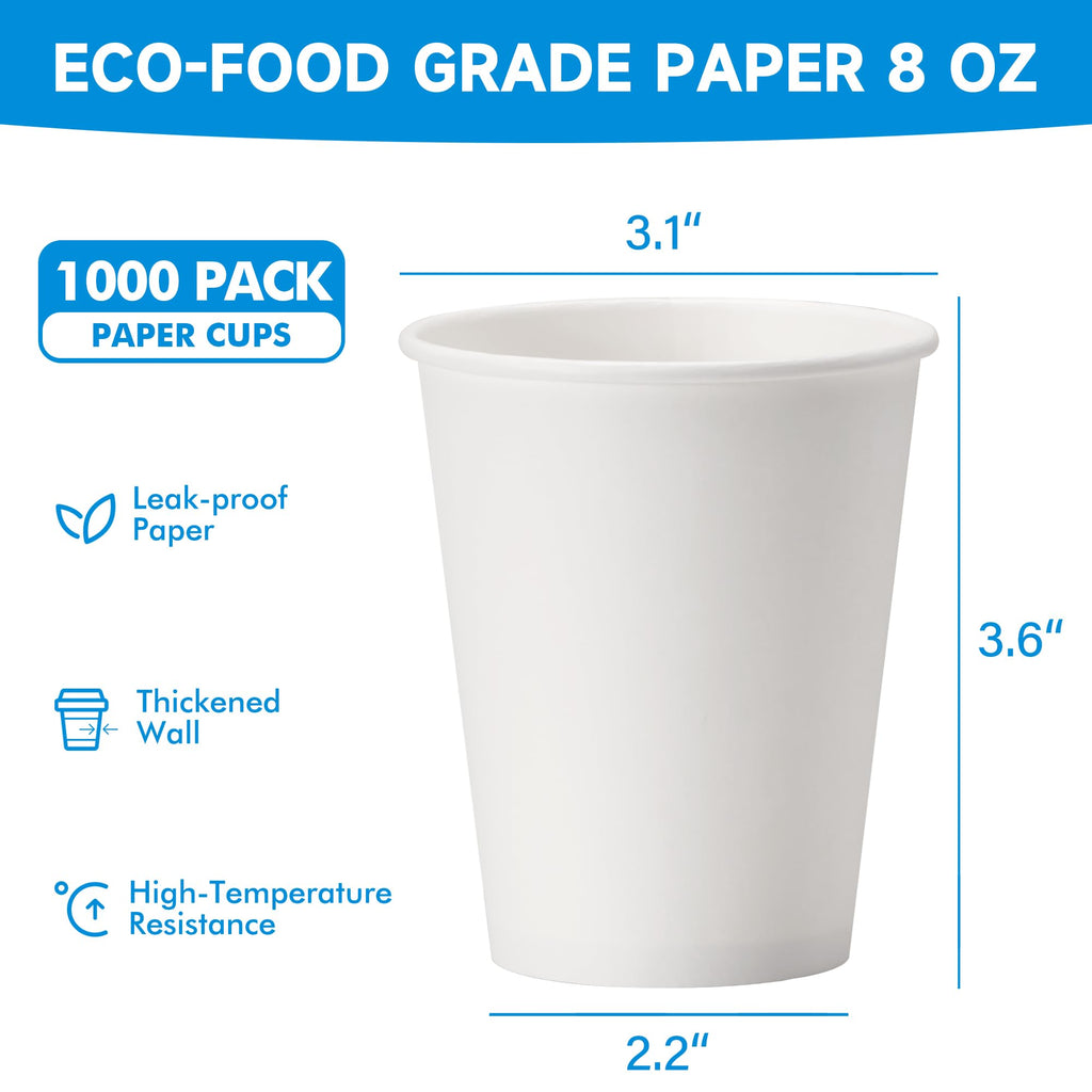 RACETOP 8 oz 1000 Pack Disposable Paper Coffee Cups, Paper Cups 8 oz Disposable, Ideal for Party, Home, Office