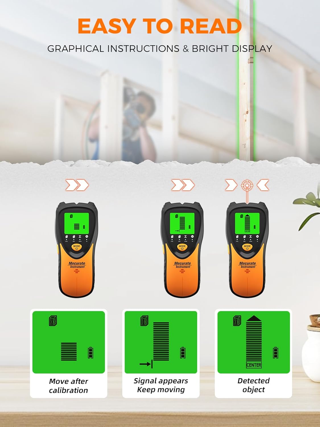 Mecurate Stud Finder - 5-in-1 Wall Scanner with LCD Display & Audio Alarm for Wood, Metal, AC Live Wires
