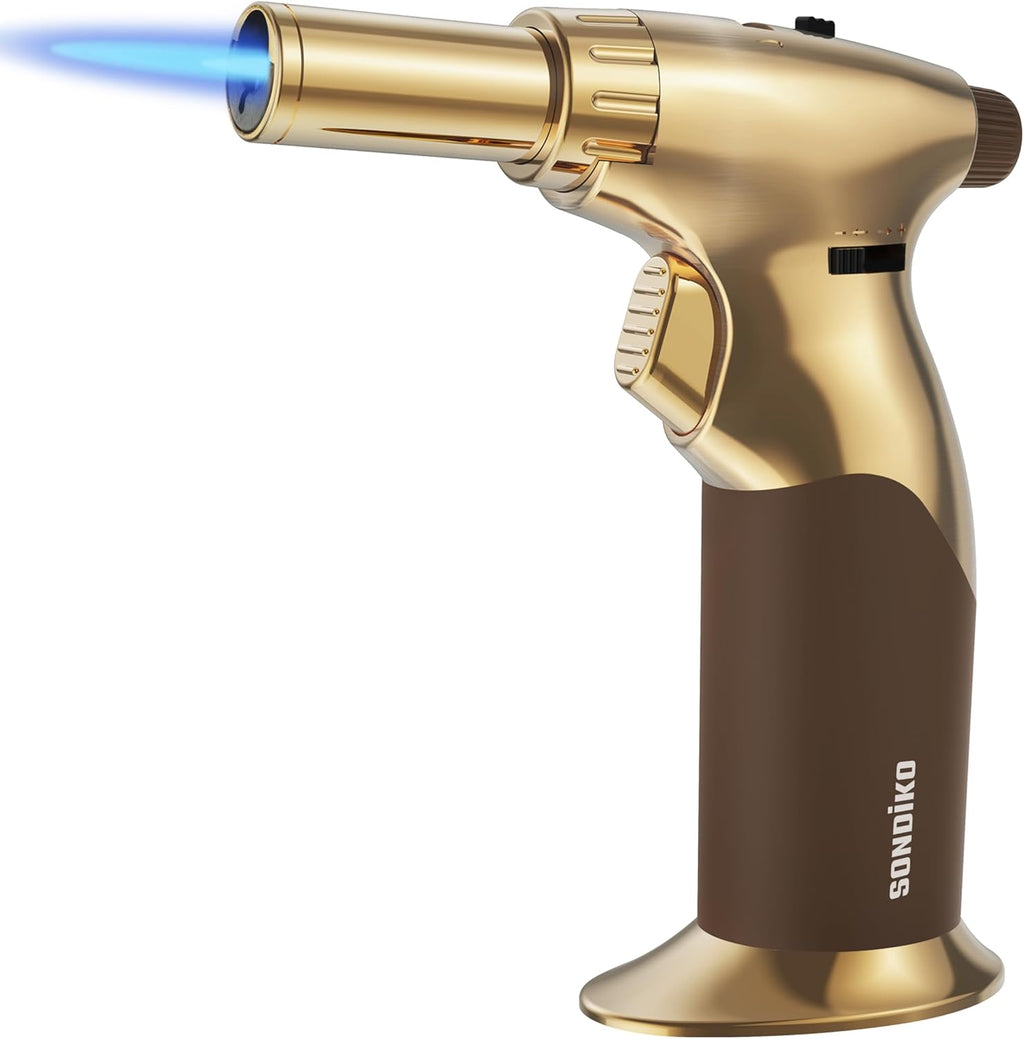 Sondiko Butane Torch Lighter - Dual Style, Adjustable Flame Size, Refillable Blow Torch | Gold Finish
