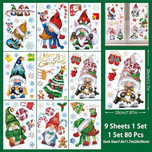 77PCS Gnome Christmas Window Clings - Double-Sided Glitter Decor