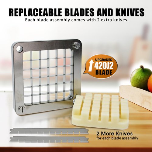 Commercial Vegetable Fruit Food Chopper, Heavy Duty Potato French Fry Cutter Dicer Slicer W/ 4 Sizes Stainless Steel Replacement Blades, 1/2", 3/8", 1/4" & 6-Wedge Blades for Restaurants Home Kitchen