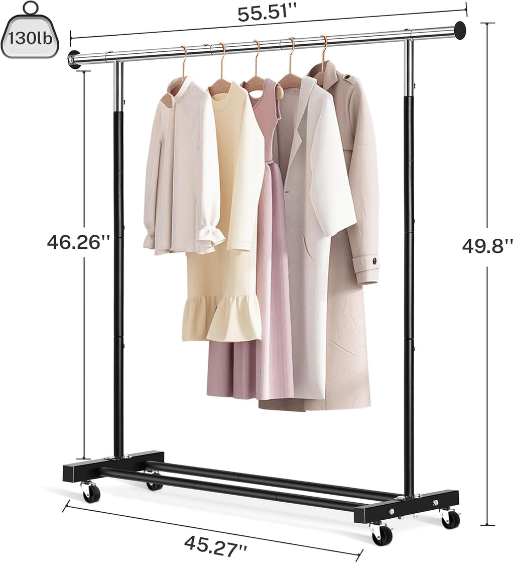 VICERII Heavy Duty Rolling Clothes Rack - 55.51 Inch Garment Rack with Wheels & Bottom Shelf | 130LB Capacity, Black