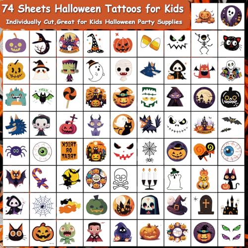 CHARLENT Halloween Temporary Tattoos for Kids, 74 Individual Sheets