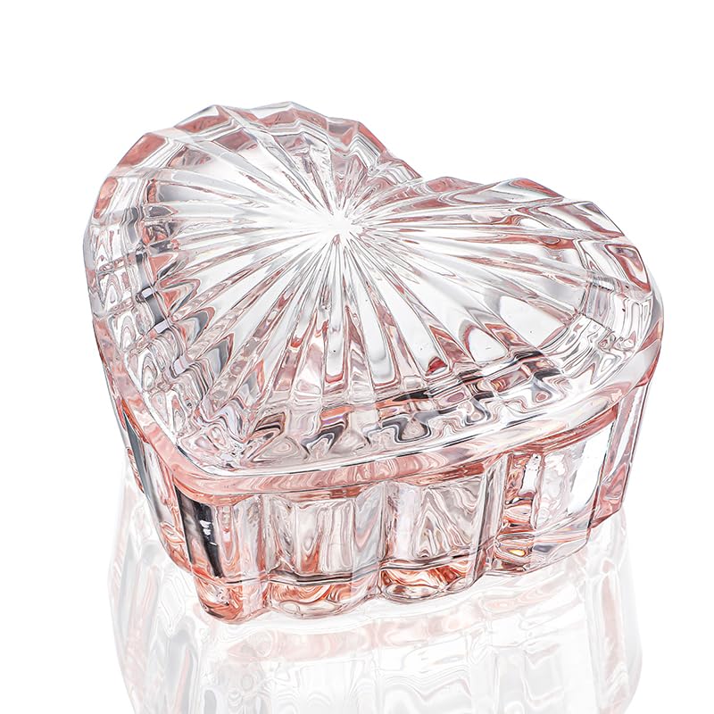 KANPURA Pink Glass Heart Jewelry Box with Lid for Rings and Trinkets