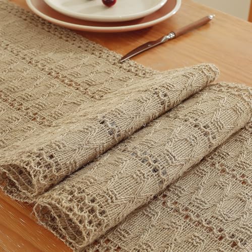 Brown Burlap Boho Table Runner 12 x 108 Inches with Tassels for Rustic Home Decor