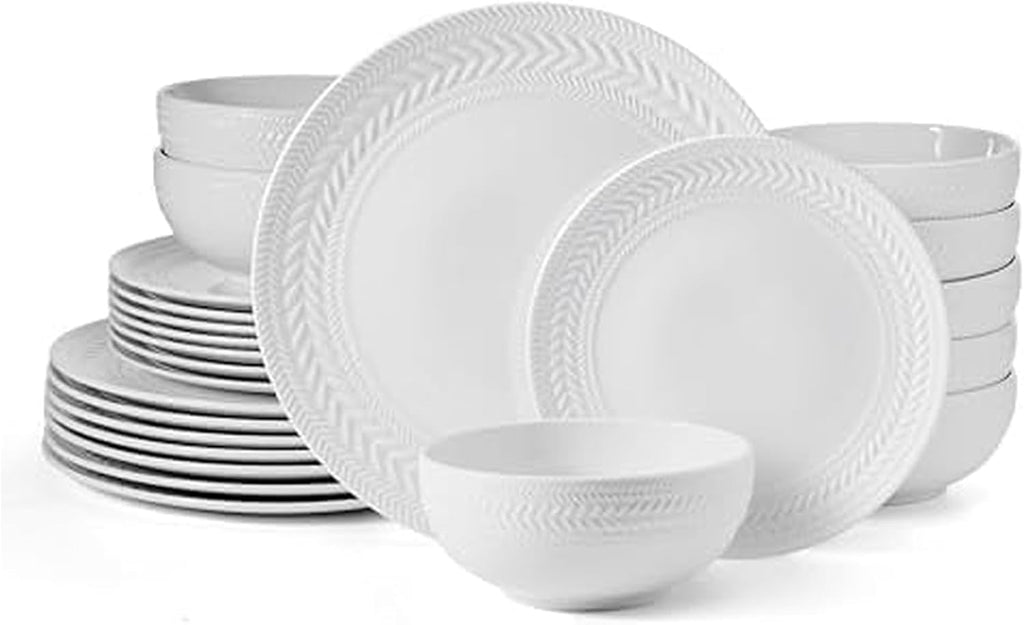 Pfaltzgraff Josephine 24-Piece Dinnerware Set - Elegant Porcelain Dish Set for 8 | Embossed Basket Weave Design, White