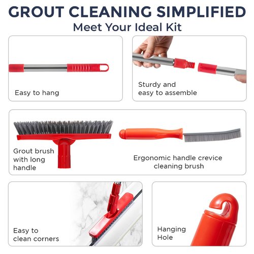 Grout Brush with Long Handle & Hard Bristle Crevice Cleaning Brush, Grout Cleaner for Tile Floors, Floor Scrubber for Tile Grout Line, Household Use, Multipurpose Gap Cleaning Tools by Foxtrot Living
