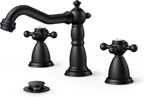 FORIOUS Matte Black Bathroom Faucet - Vintage 3 Hole Widespread Design with Cross Handles & Drain | 8 Inch