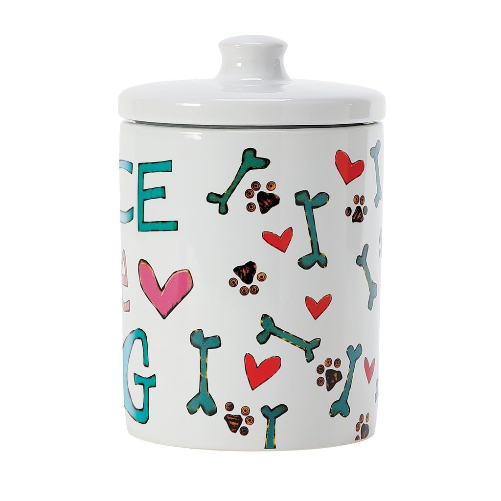 Enesco Izzy and Oliver Stephanie Burgess Painted Peace Love Dog Food Jar Treat Container, 7.25 Inch, Multicolor
