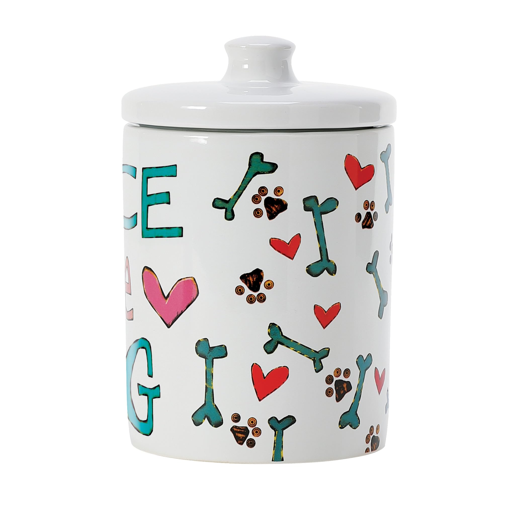 Enesco Izzy and Oliver Stephanie Burgess Painted Peace Love Dog Food Jar Treat Container, 7.25 Inch, Multicolor