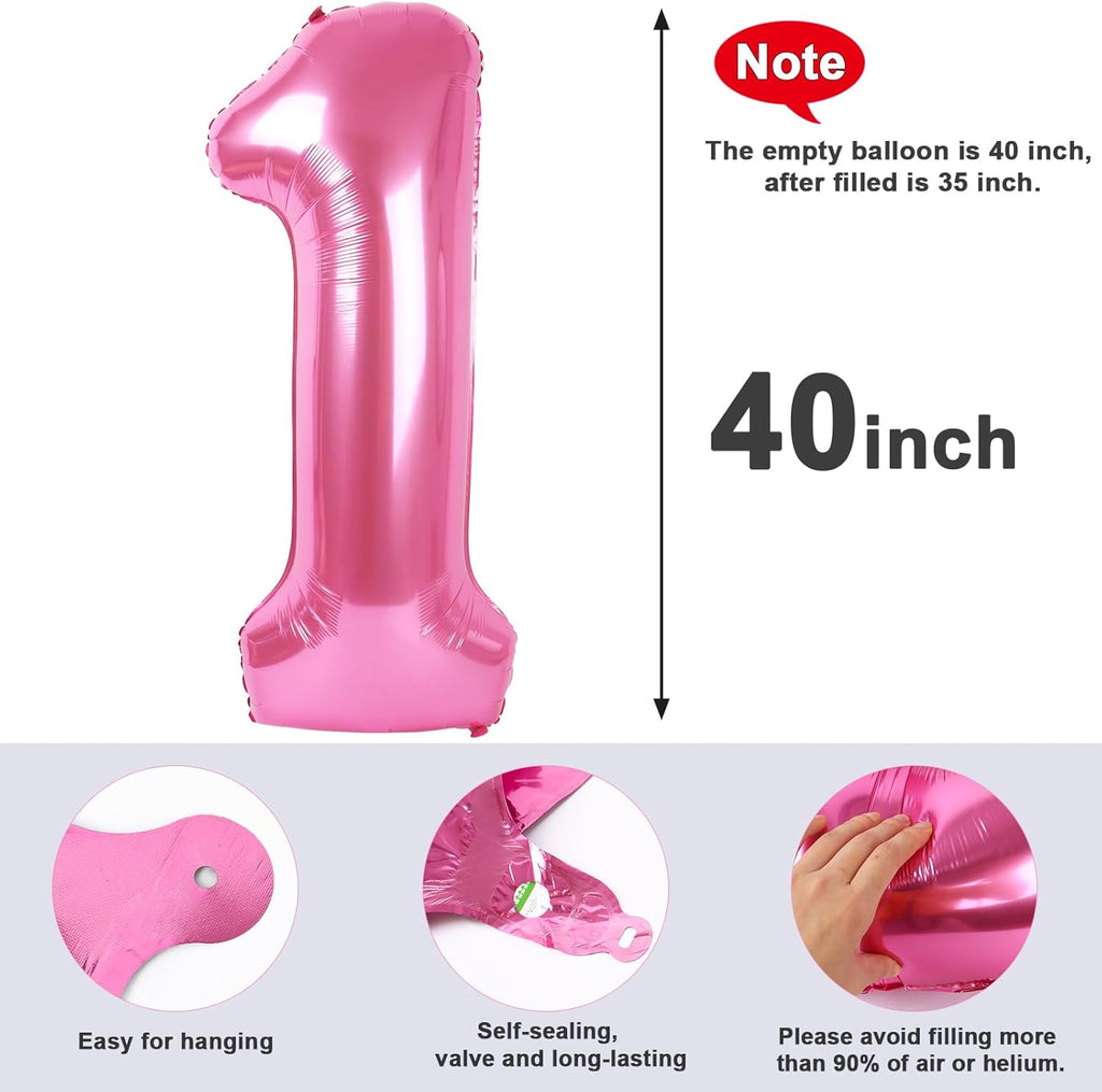 Skiennix Number Balloons - 40 Inch Pink Balloons for 1st Birthday & Baby Shower Decorations