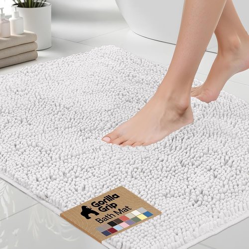GORILLA GRIP Bath Rug Mat - Soft Absorbent Chenille | Quick Dry Microfiber, 60x24 Inches, White