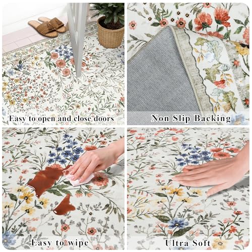 Beige Vintage Floral 2x3 Washable Area Rug - Non-Slip Soft Carpet