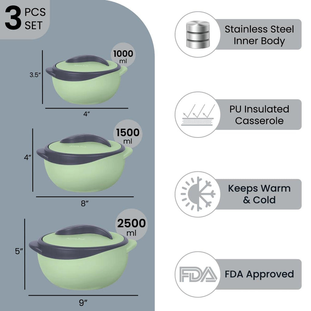 Pinnacle Insulated Casserole Dish with Lid 3 pc. Set 2.6/1.5/1 qt. Hot Pot Food Warmer/Cooler –Thermal Soup/Salad Serving Bowl- Stainless Steel Hot Food Container–Best Gift Set for Moms –Holidays