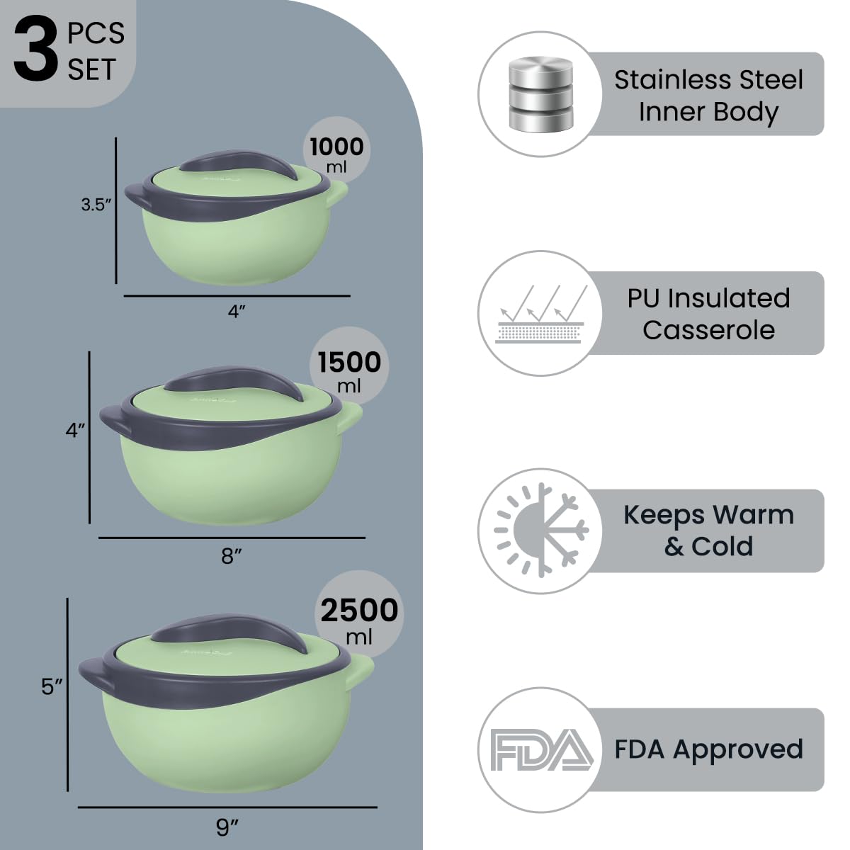 Pinnacle Insulated Casserole Dish with Lid 3 pc. Set 2.6/1.5/1 qt. Hot Pot Food Warmer/Cooler –Thermal Soup/Salad Serving Bowl- Stainless Steel Hot Food Container–Best Gift Set for Moms –Holidays