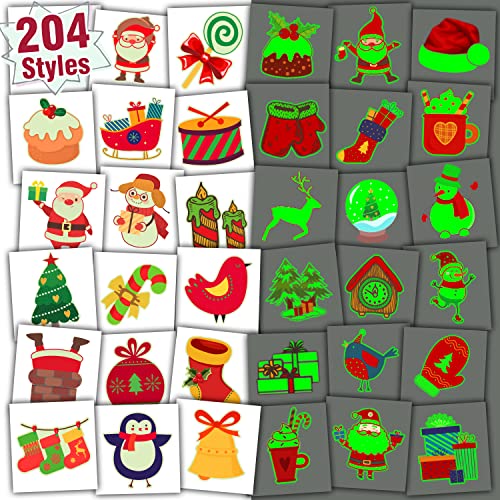 Partywind Glow Christmas Temporary Tattoos for Kids 204 Pcs Stocking Stuffers