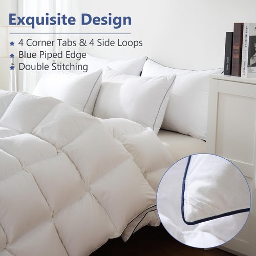 DOWNCOOL Feather Down Fiber Comforter Queen Size, 100% Cotton Ultra Soft Fluffy Duvet Insert Queen, All Season Luxurious Hotel Bedding Comforters with Corner Tabs, White 90"x90"