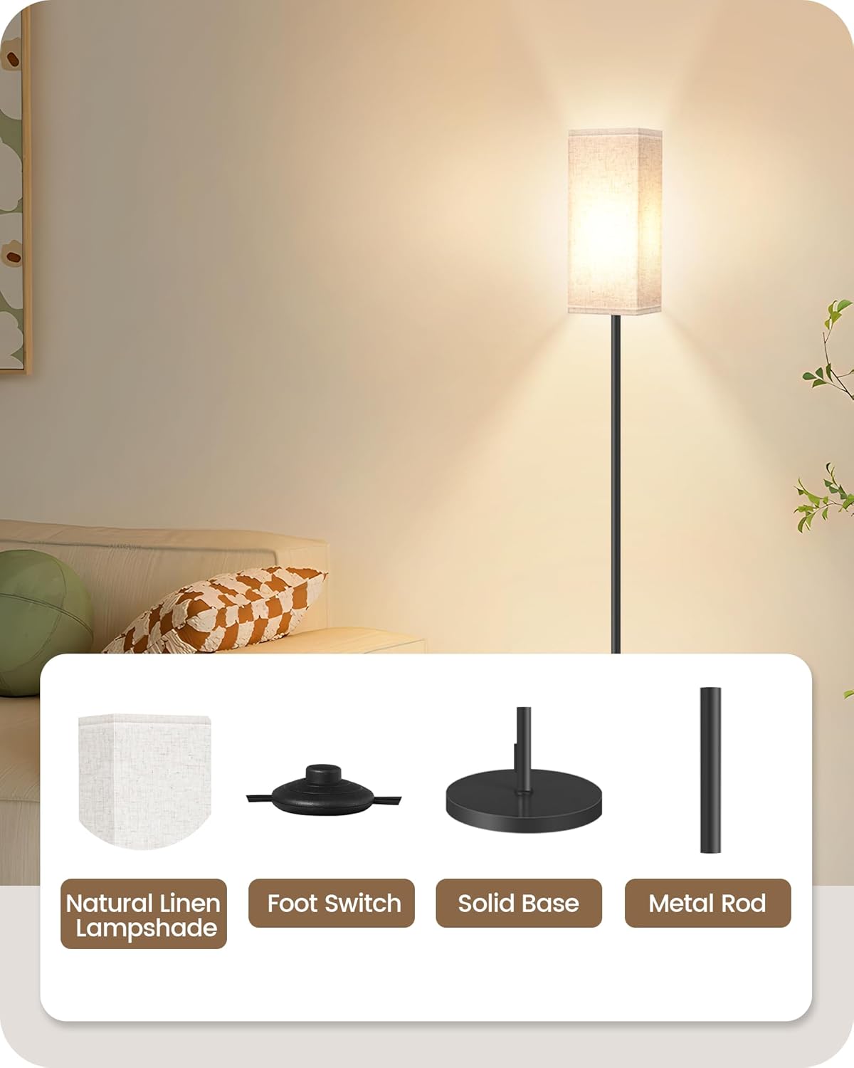 Skiennix Modern Floor Lamp - Minimalist Standing Lamp with Foot Switch | Black & Beige, ETL Listed
