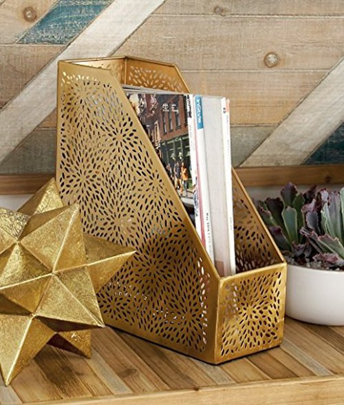 CosmoLiving by Cosmopolitan Metal Single Slot Magazine Holder with Laser Carved Floral Design, 5" x 10" x 12", Gold