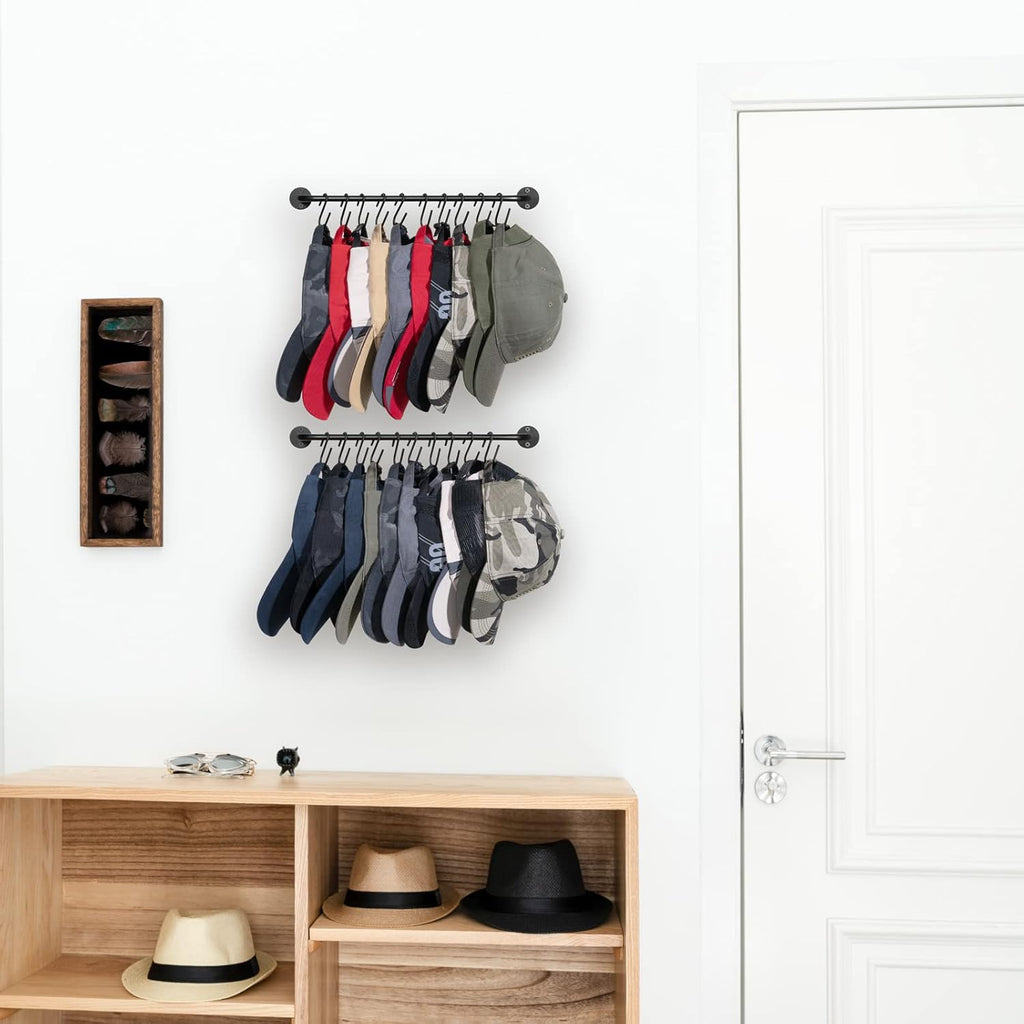 Mkono Hat Rack - Modern Wall-Mounted Baseball Cap Organizer with 20 Hooks | Set of 2 Black