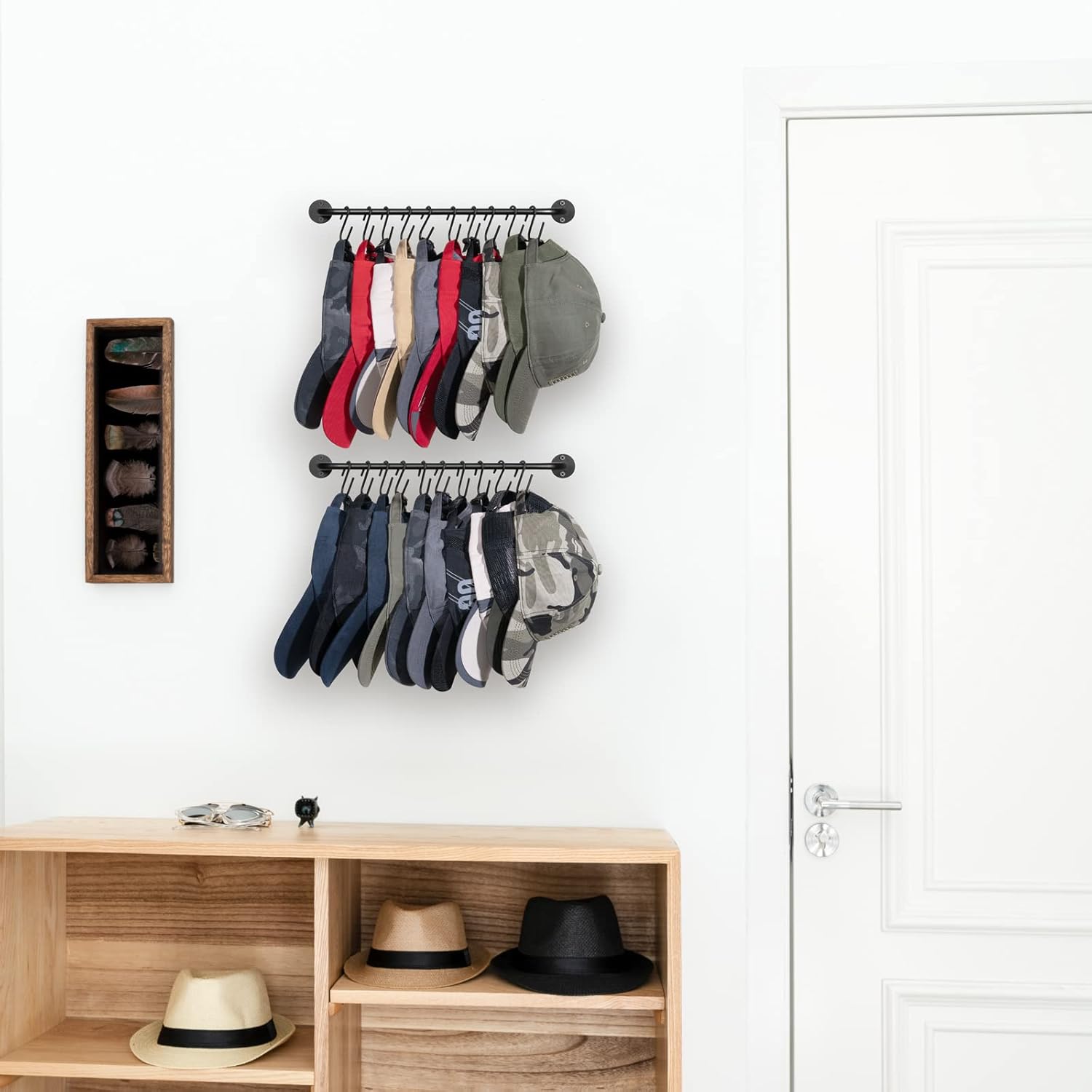 Mkono Hat Rack - Modern Wall-Mounted Baseball Cap Organizer with 20 Hooks | Set of 2 Black