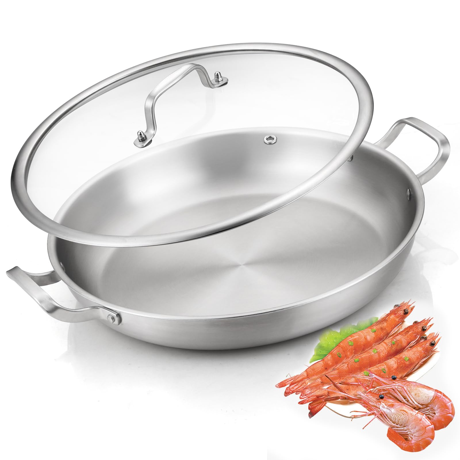 Yeksum Tri-Ply Stainless Steel Paella Pan Large Saute Pan with Lid (Stainless Steel, 13.5 INCH)