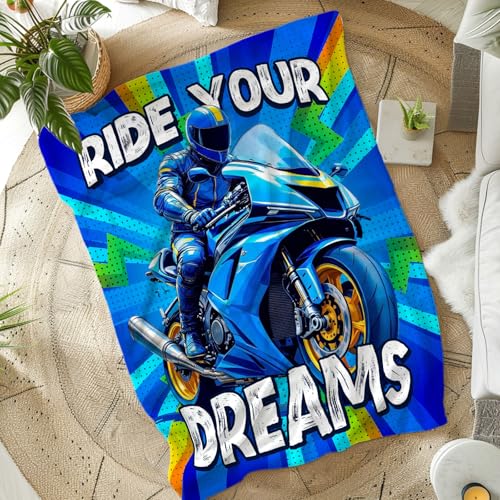 Motorcycle Flannel Throw Blanket for Boys, Soft 40x50 Inch Blue Bedding