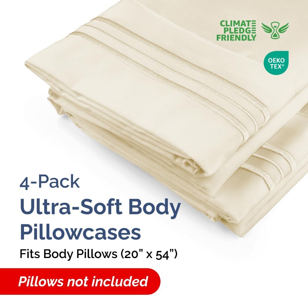 Skiennix Body Pillowcases Set of 4 | Soft, Breathable 20x54 Long Pillow Covers - Fade-Free & Machine Washable (Off White)