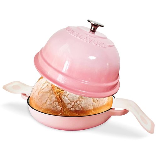 Dutch Oven for Bread Baking,6 Quart Enamel Bread Oven for Sourdough,10.5"Bread Oven with Lid,Bread Pans for Homemade Bread,Pink Thick Enamel Bread Pan-with Silicone Baking Mat&Recipe,Gifts for Family