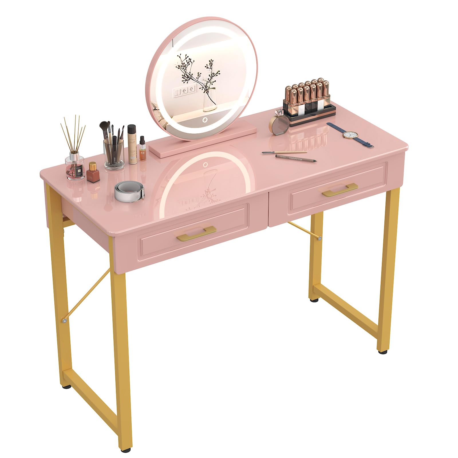 WESTREE Vanity Desk with 2 Drawers and Storage Shelf, Modern Makeup Table with Glossy Desktop, Gold Metal Frame Writing Desk for Bedroom or Home Office, No Mirror