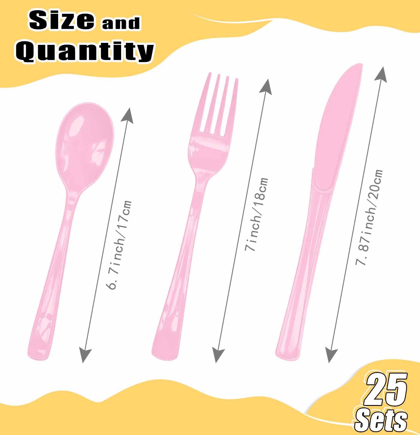 HEIPINIUYE 75 Pack Light Pink Plastic Cutlery Heavy Duty Baby Pink Plastic Knives Forks and Spoons Disposable Silverware Set for 25 Guest Camping Birthday Baby Shower Party Cutlery Set
