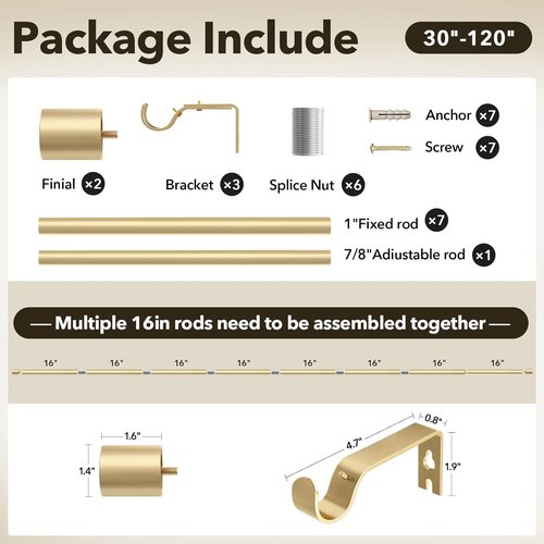 IFELS Heavy Duty Curtain Rod - Adjustable 66 to 120 Inch, Gold Finish with Metal Finials | Modern Design