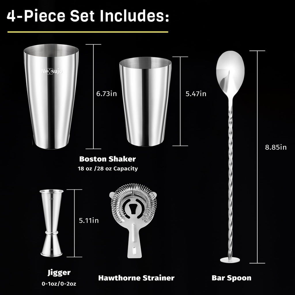 Nexsujo Boston Cocktail Shaker Set, 4-Piece Bar Tools Set, Professional Bar Set with Boston Shaker, Bar Spoon, Jigger, Hawthorne Strainer, Stainless Steel, Dishwasher Safe, Ideal Bartender Kit for Bar