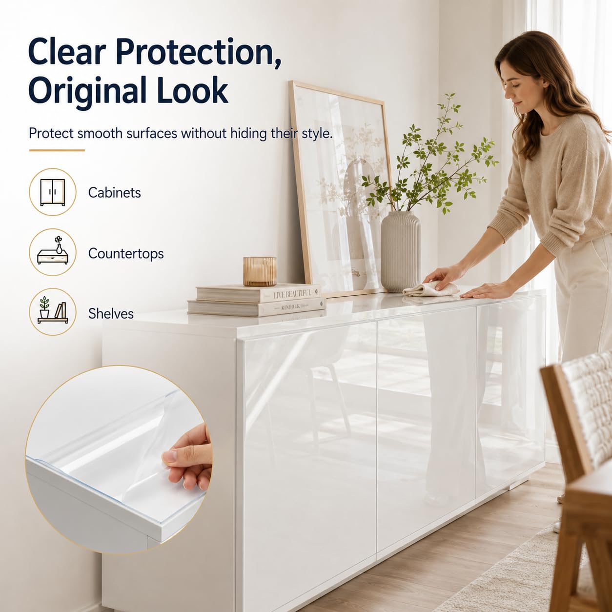 Yunihome Clear Contact Paper, 17.7 * 118 Inches Peel and Stick Waterproof Self Adhesive Vinyl – Oil Proof, Removable No Residue for Kitchen Cabinets, Countertops, Shelves & Dining Tables