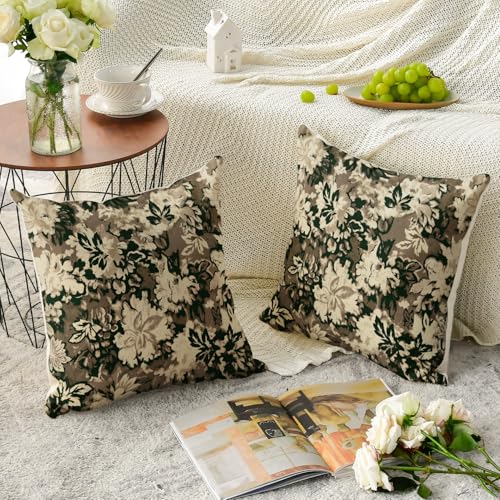 AVOIN Chinoiserie Vintage Floral Throw Pillow Covers - Brown, 18" x 18" (Set of 2)