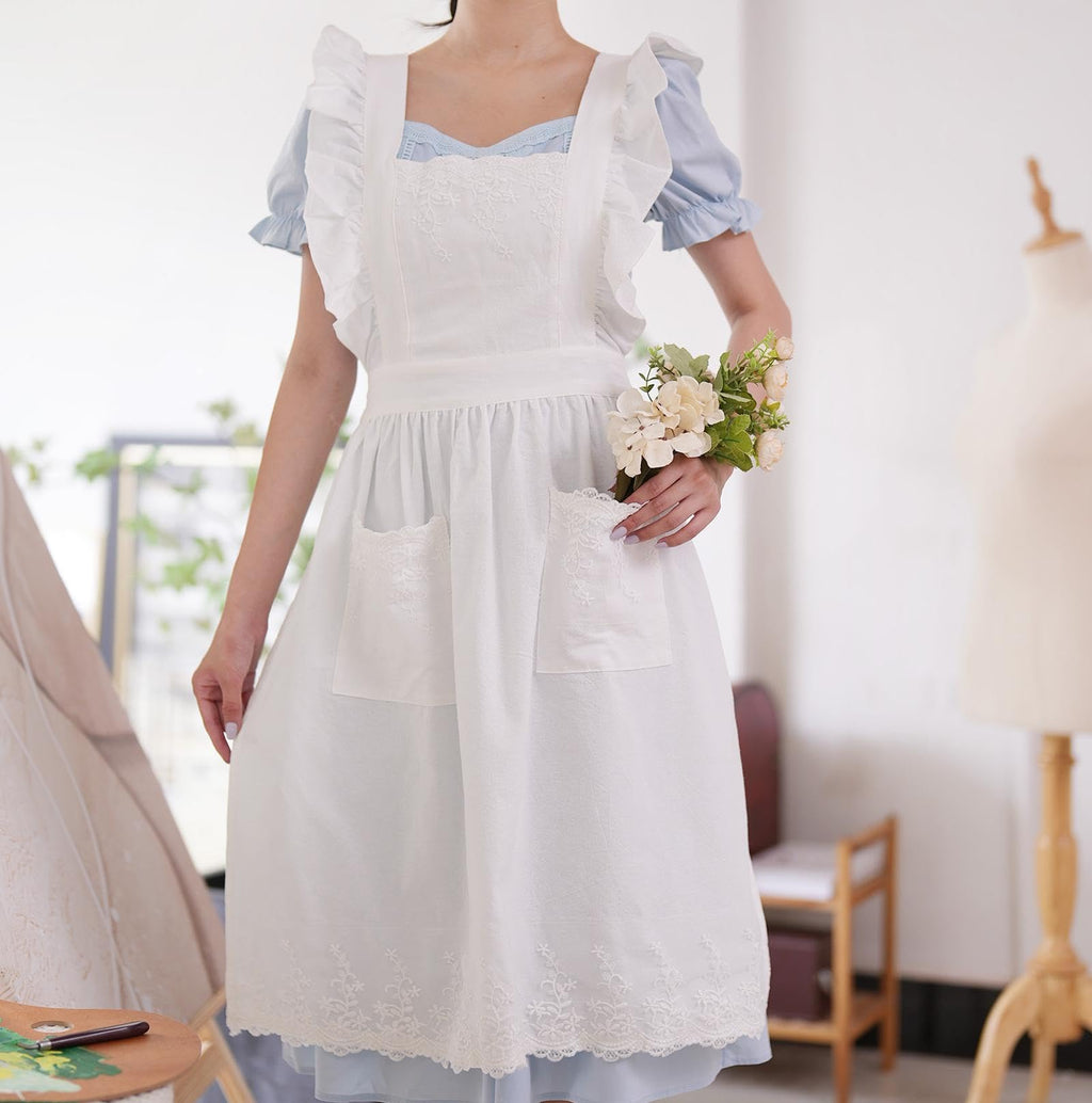 Aoomzoom Vintage Aprons for Woman with Pockets Cute Lace Ruffle Adjustable Apron for Cooking Kitchen Baking Gardening (White)