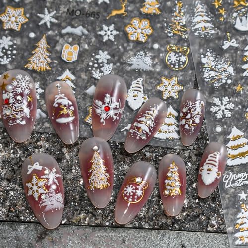 TailaiMei Embossed Christmas Nail Decals Gold Xmas Tree Stickers 3 Sheets