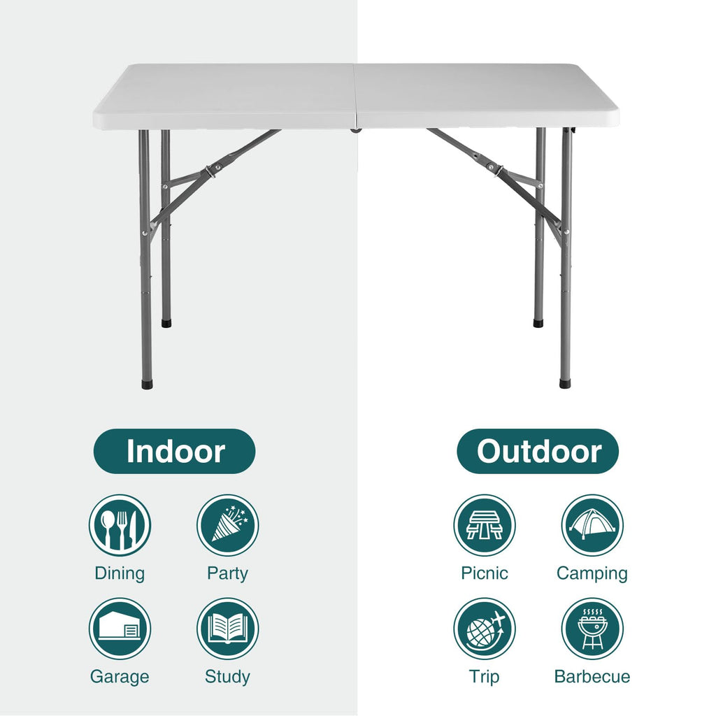 Simple Deluxe Foldable Table - Heavy Duty Portable Plastic Top & Steel Legs, Built-in Handle for Indoor Outdoor Party, Camping, White 4 FT, Standard