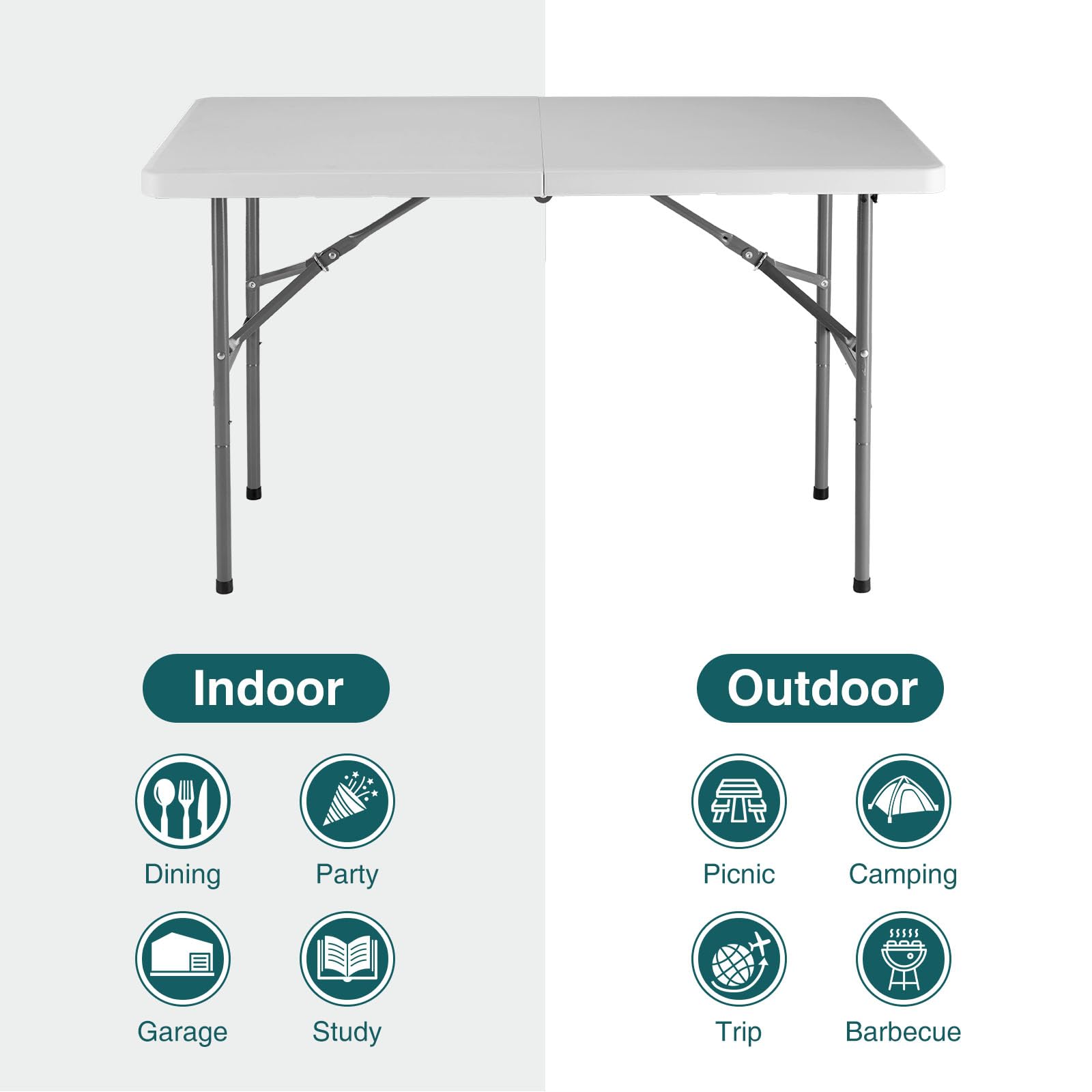 Simple Deluxe Foldable Table - Heavy Duty Portable Plastic Top & Steel Legs, Built-in Handle for Indoor Outdoor Party, Camping, White 4 FT, Standard
