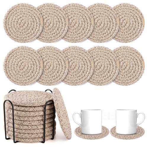 OIAHOMY 10 Pcs Brown Cotton Woven Coasters with Holder, 4.3"